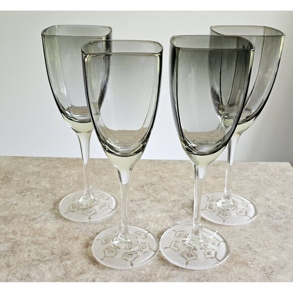 Smoke Grey Wine Water Glasses 9.5" frosted etched snowflake winter holiday 4pc - Picture 3 of 13